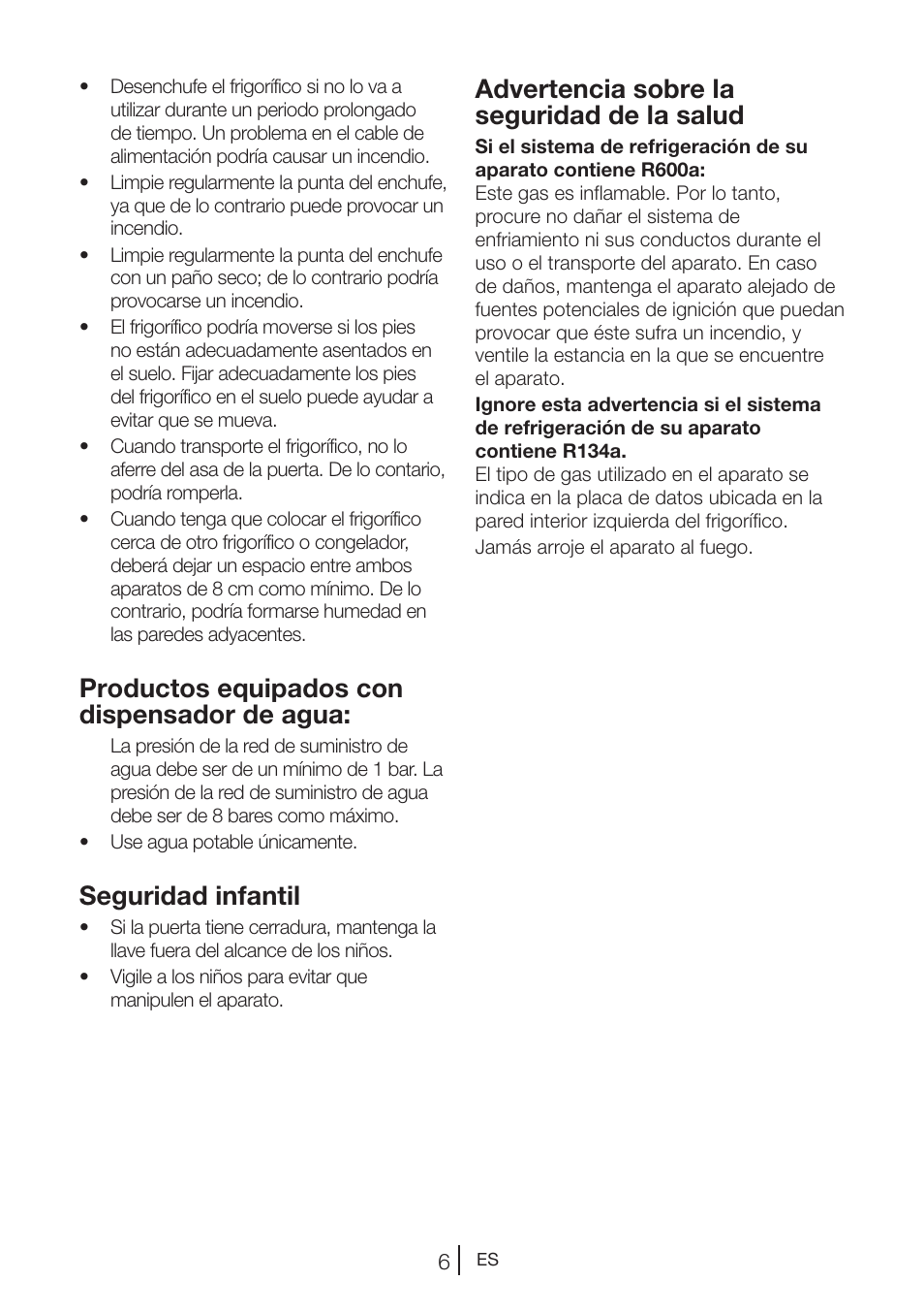 Productos equipados con dispensador de agua, Seguridad infantil, Advertencia sobre la seguridad de la salud | Teka NF2 650 X User Manual | Page 107 / 263