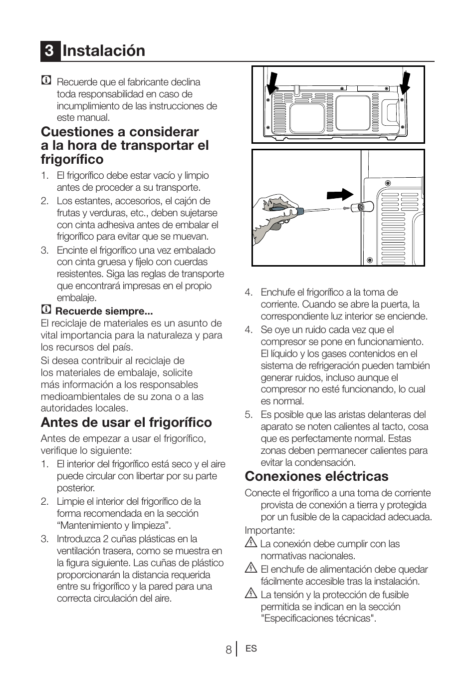 3instalación, Antes de usar el frigorífico, Conexiones eléctricas | Teka NF2 650 X User Manual | Page 109 / 263