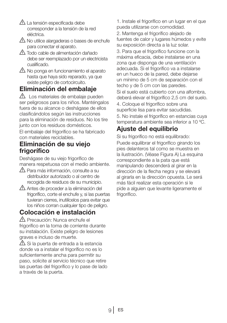 Eliminación del embalaje a, Eliminación de su viejo frigorífico, Colocación e instalación b | Ajuste del equilibrio | Teka NF2 650 X User Manual | Page 110 / 263
