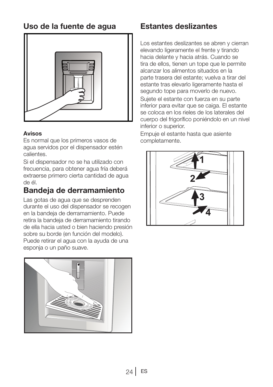 Estantes deslizantes, Uso de la fuente de agua, Bandeja de derramamiento | Teka NF2 650 X User Manual | Page 125 / 263