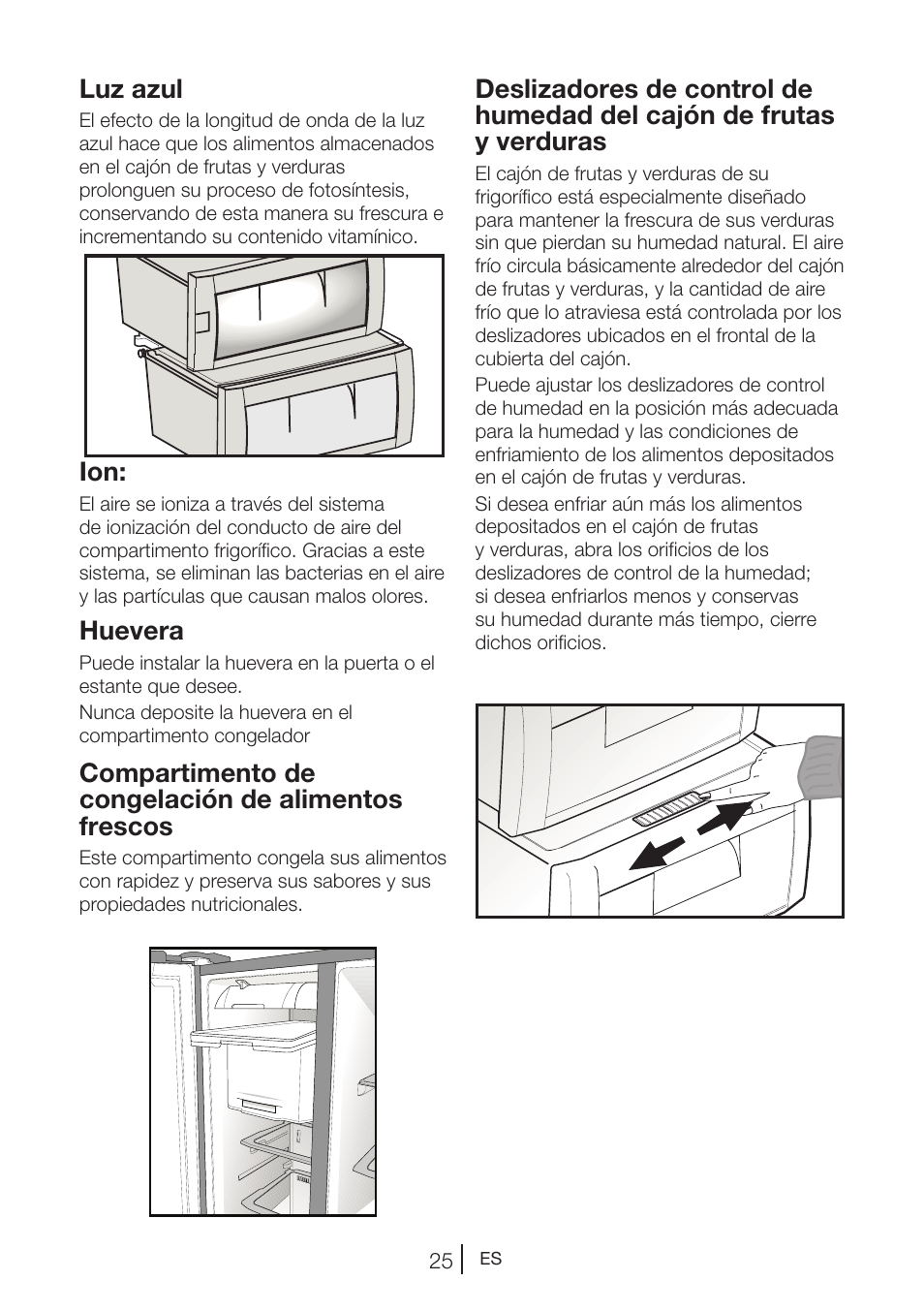 Luz azul, Huevera, Compartimento de congelación de alimentos frescos | Teka NF2 650 X User Manual | Page 126 / 263