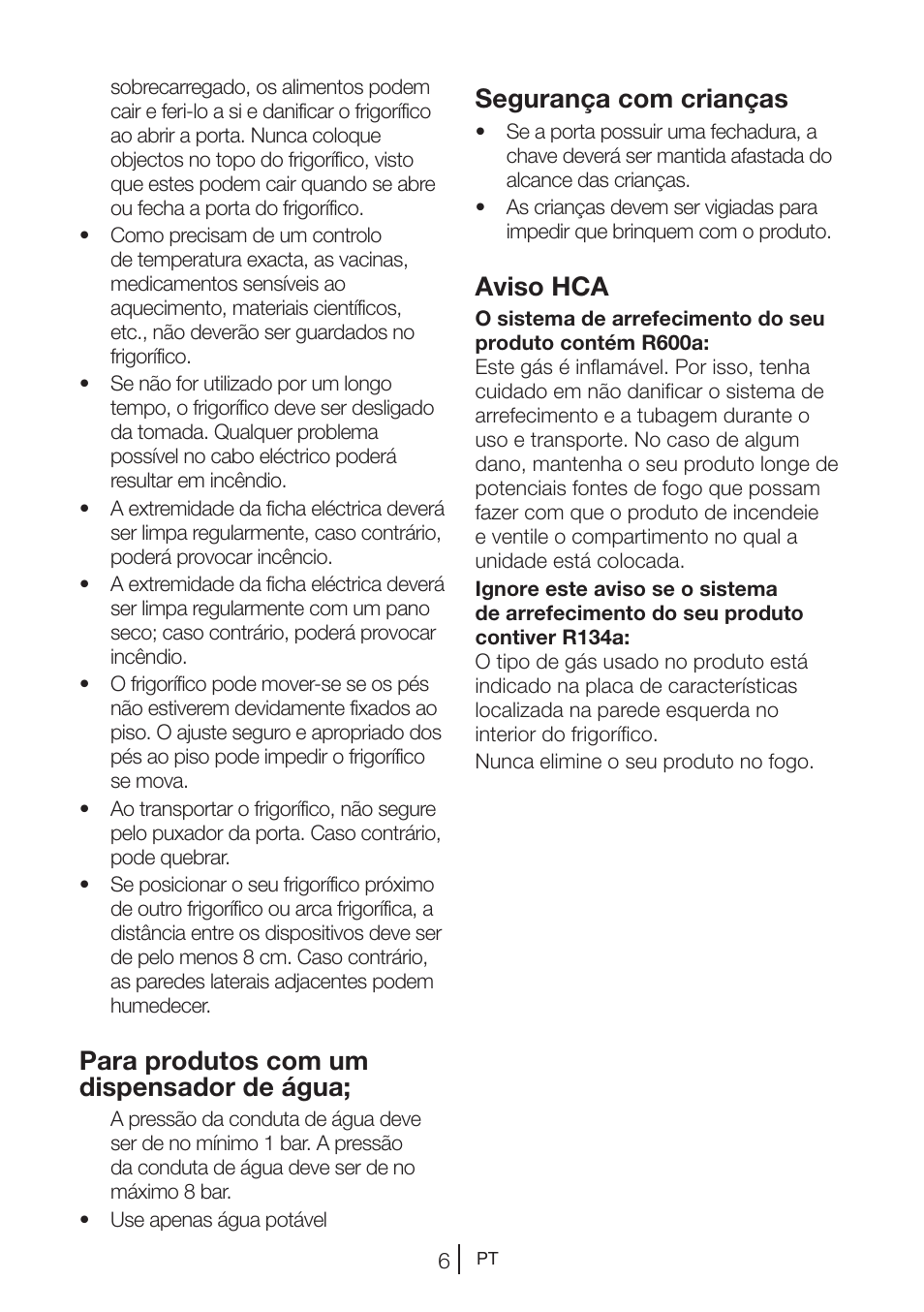 Para produtos com um dispensador de água, Segurança com crianças, Aviso hca | Teka NF2 650 X User Manual | Page 139 / 263