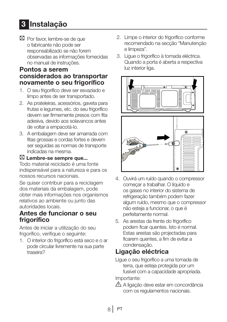 3instalação, Antes de funcionar o seu frigorífico, Ligação eléctrica | Teka NF2 650 X User Manual | Page 141 / 263