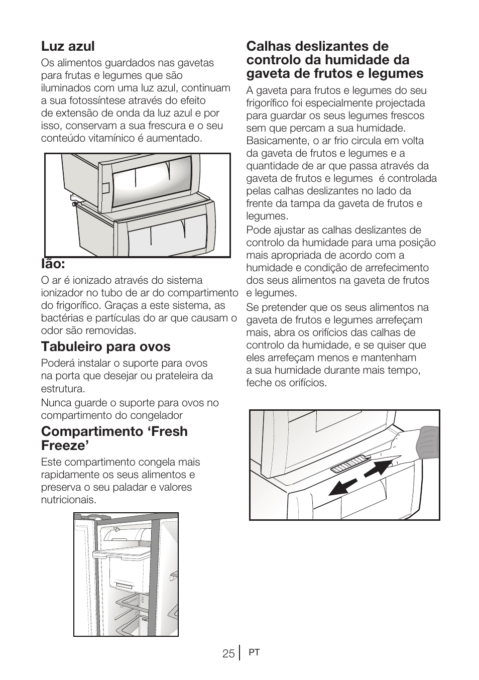 Luz azul, Tabuleiro para ovos, Compartimento ‘fresh freeze | Teka NF2 650 X User Manual | Page 158 / 263