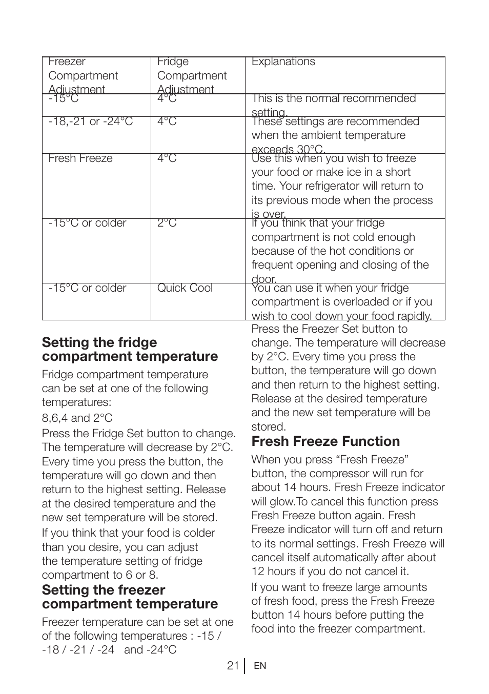 Setting the fridge compartment temperature, Setting the freezer compartment temperature, Fresh freeze function | Teka NF2 650 X User Manual | Page 22 / 263