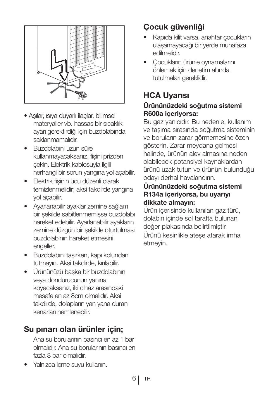 Su pınarı olan ürünler için, Çocuk güvenliği, Hca uyarısı | Teka NF2 650 X User Manual | Page 236 / 263