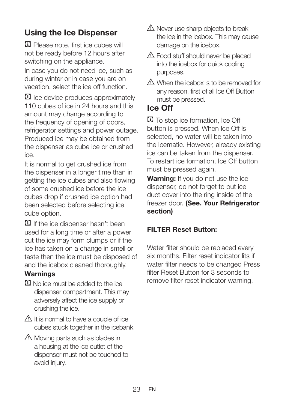 Using the ice dispenser c, Ice off c | Teka NF2 650 X User Manual | Page 24 / 263