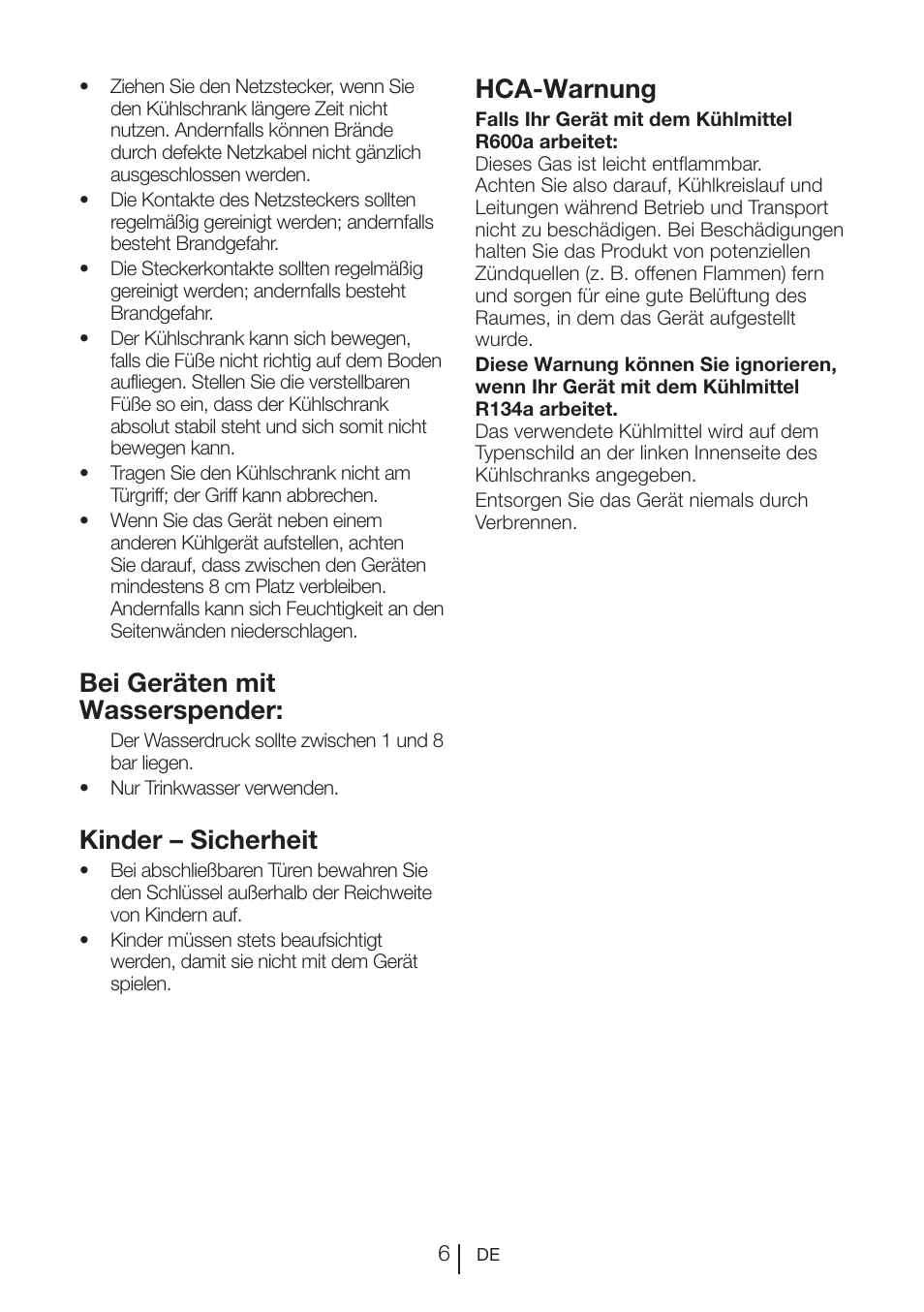 Bei geräten mit wasserspender, Kinder – sicherheit, Hca-warnung | Teka NF2 650 X User Manual | Page 39 / 263