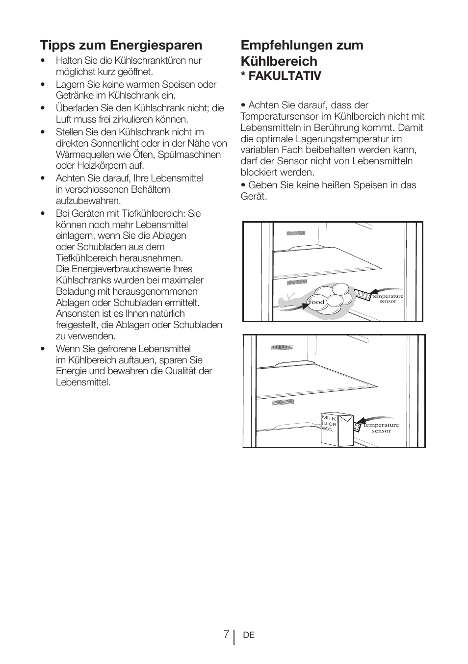 Tipps zum energiesparen, Empfehlungen zum kühlbereich, Fakultativ | Teka NF2 650 X User Manual | Page 40 / 263