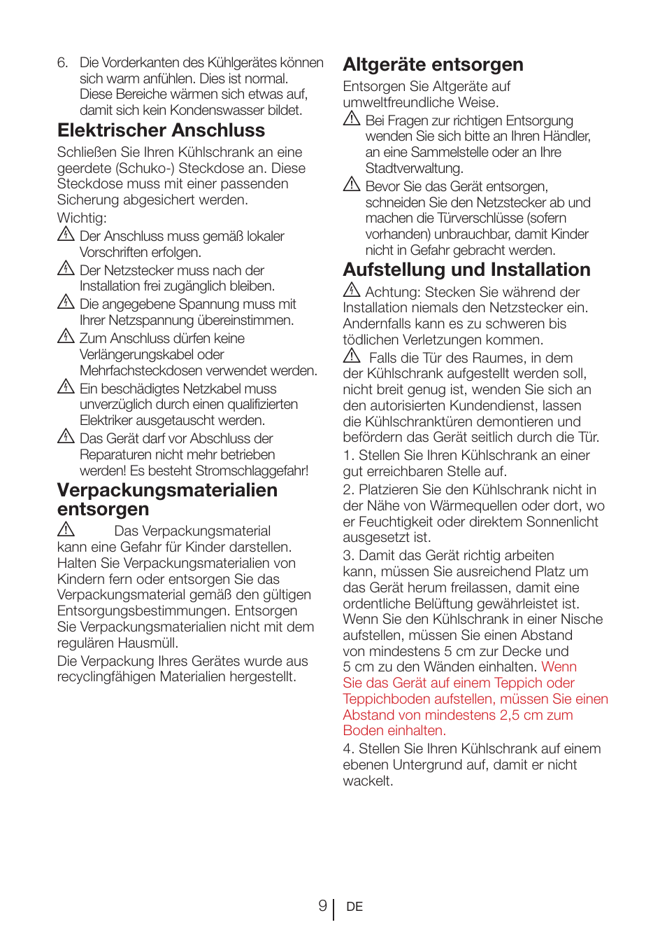 Elektrischer anschluss, Verpackungsmaterialien entsorgen a, Altgeräte entsorgen | Aufstellung und installation b | Teka NF2 650 X User Manual | Page 42 / 263