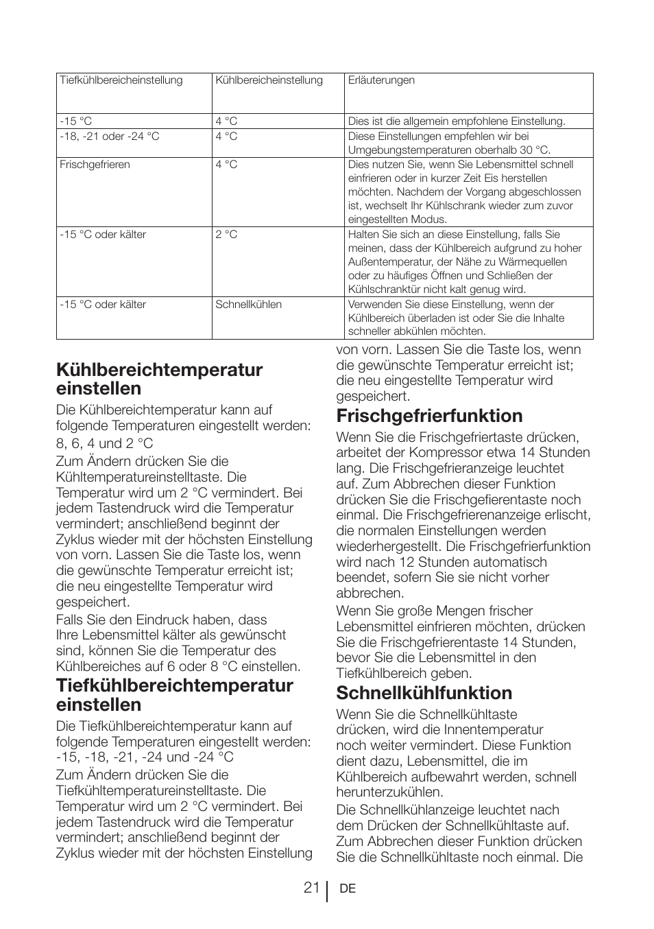 Kühlbereichtemperatur einstellen, Tiefkühlbereichtemperatur einstellen, Frischgefrierfunktion | Schnellkühlfunktion | Teka NF2 650 X User Manual | Page 54 / 263