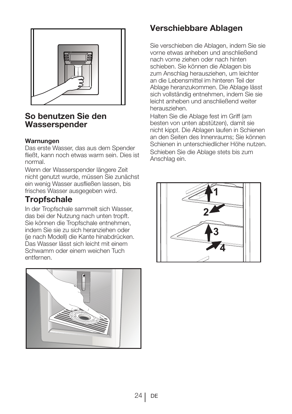 Verschiebbare ablagen, So benutzen sie den wasserspender, Tropfschale | Teka NF2 650 X User Manual | Page 57 / 263