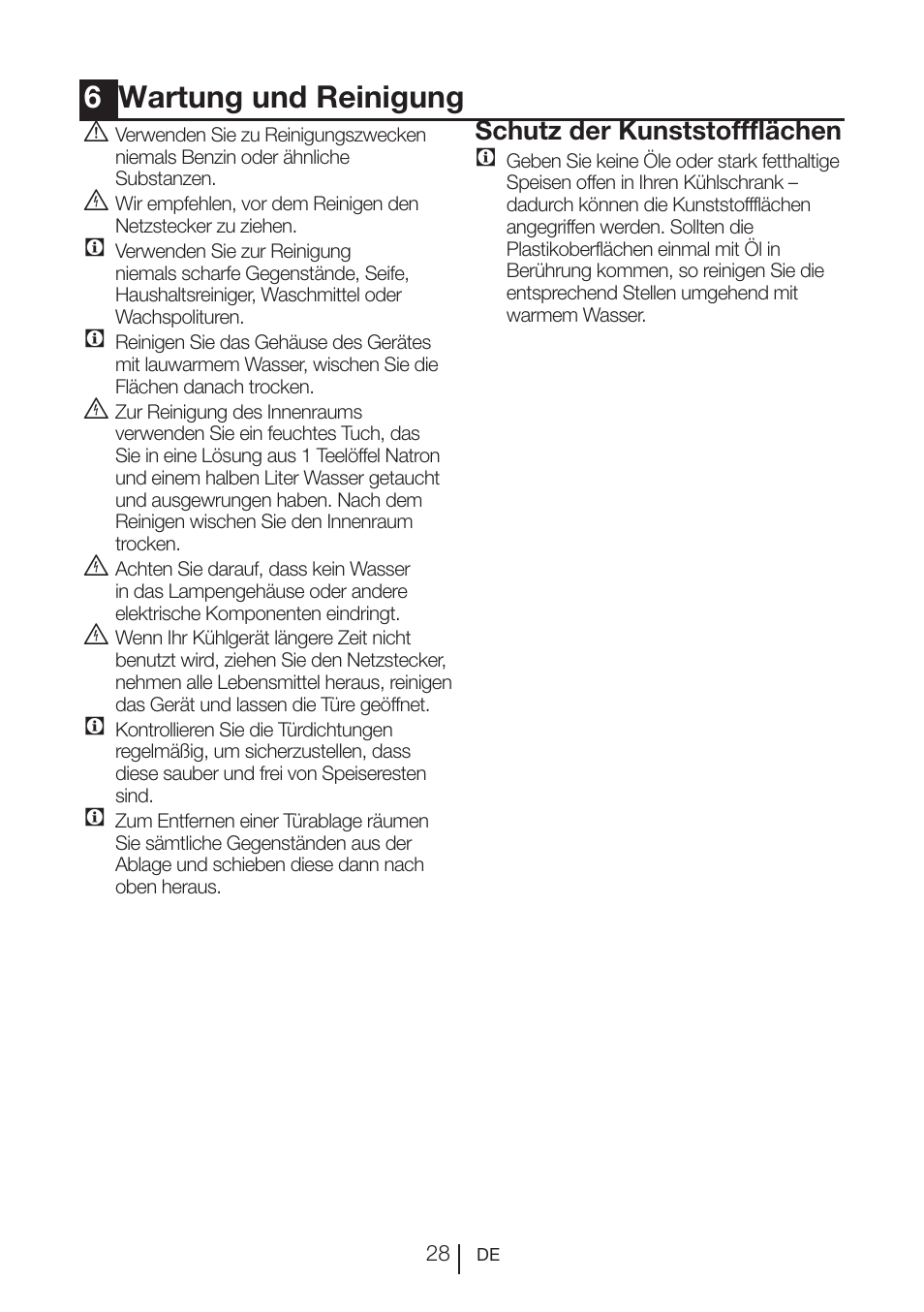 6wartung und reinigung, Schutz der kunststoffflächen c | Teka NF2 650 X User Manual | Page 61 / 263