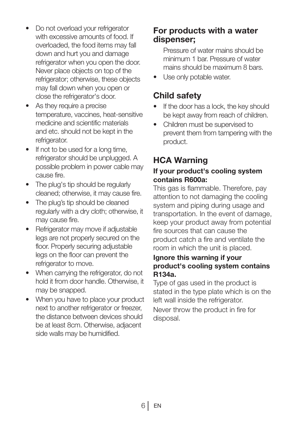 For products with a water dispenser, Child safety, Hca warning | Teka NF2 650 X User Manual | Page 7 / 263