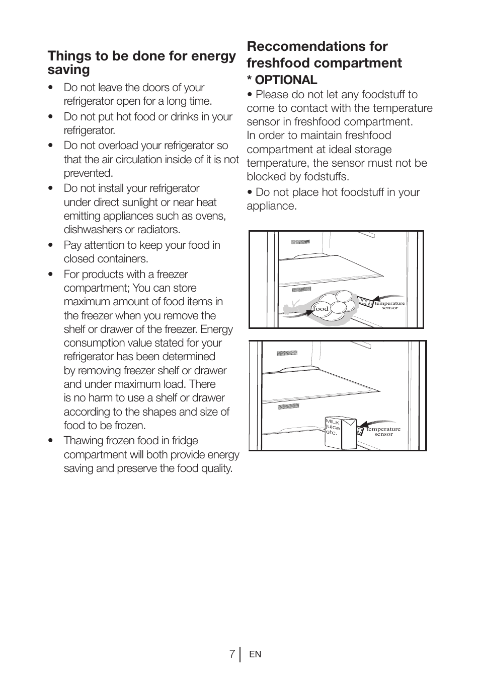 Things to be done for energy saving, Reccomendations for freshfood compartment, Optional | Teka NF2 650 X User Manual | Page 8 / 263
