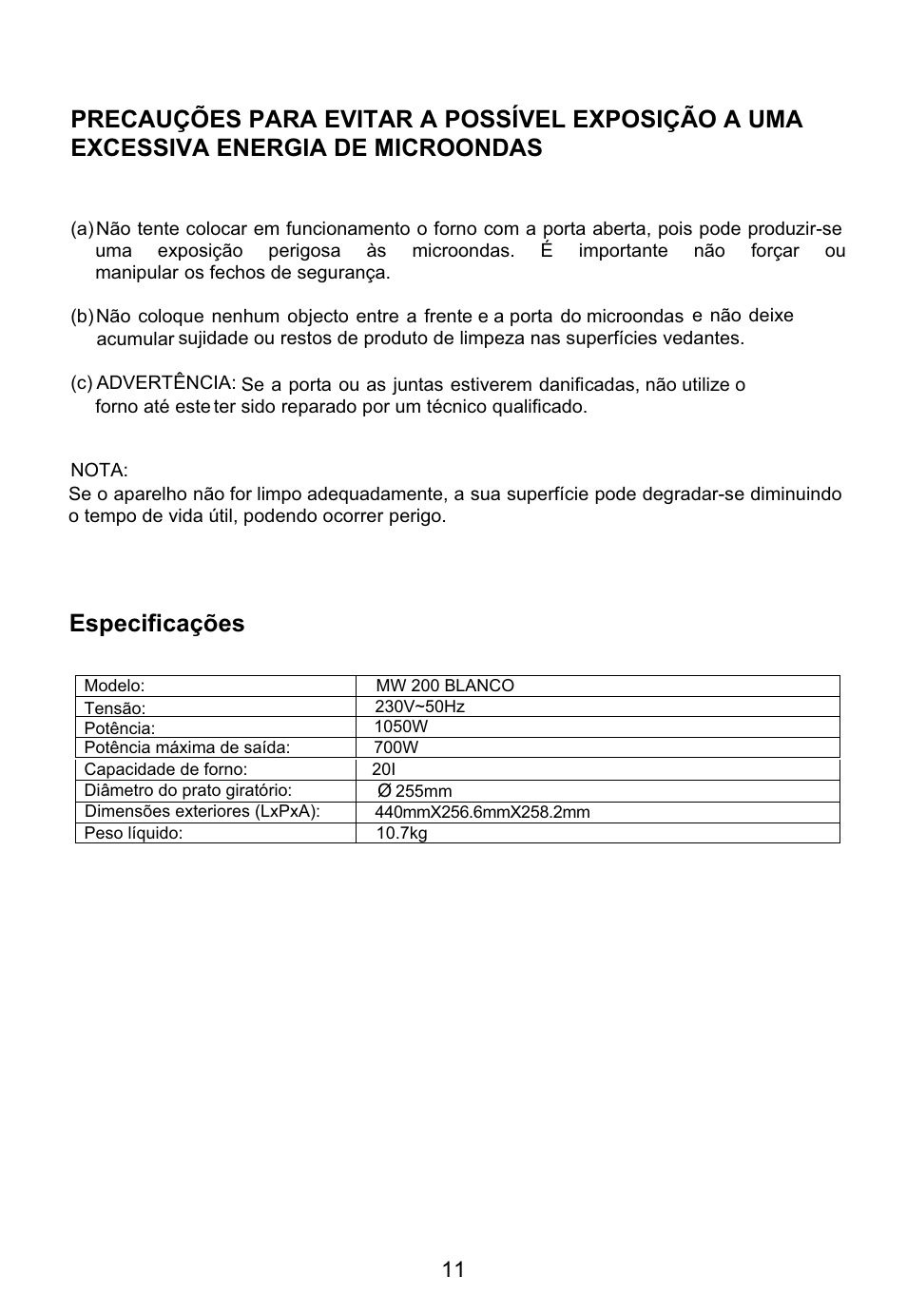 Especificações | Teka MW 200 User Manual | Page 12 / 29