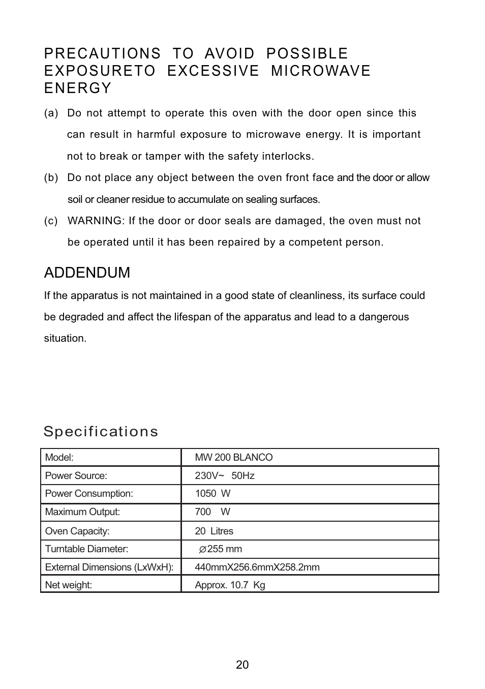Addendum | Teka MW 200 User Manual | Page 21 / 29