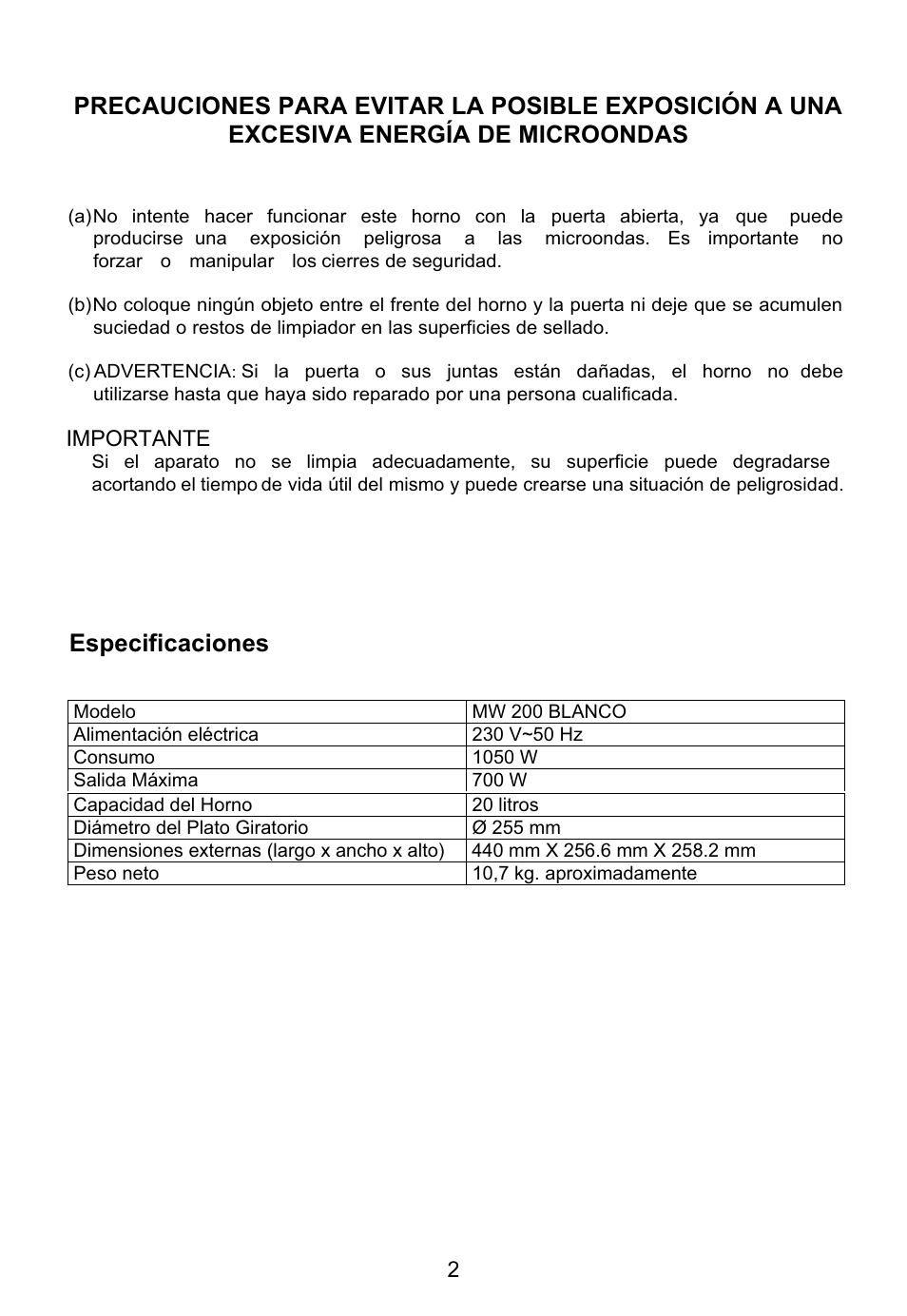 Especificaciones | Teka MW 200 User Manual | Page 3 / 29