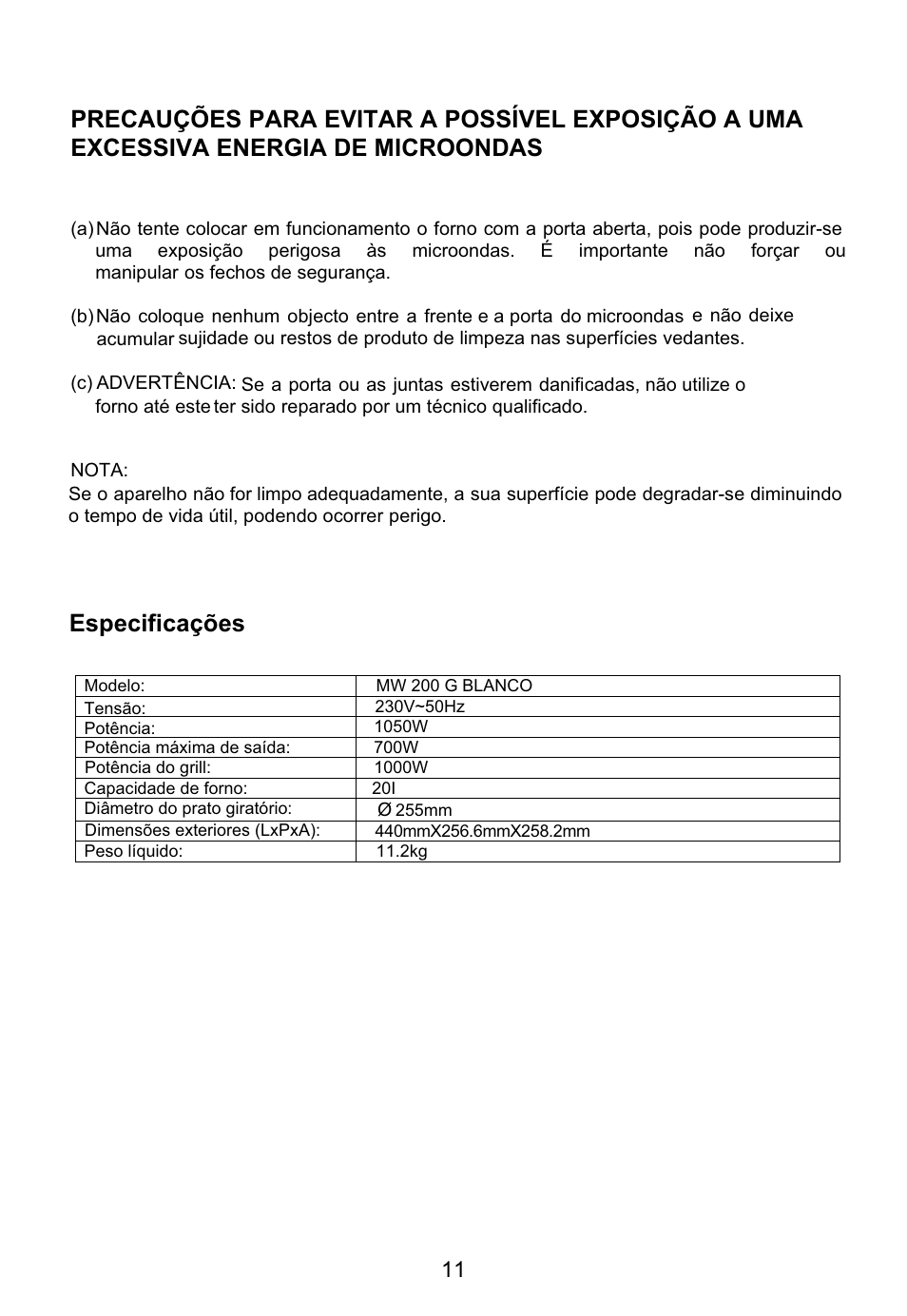 Especificações | Teka MW 200 G User Manual | Page 12 / 29