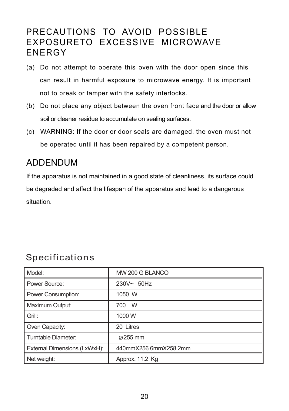 Addendum | Teka MW 200 G User Manual | Page 21 / 29