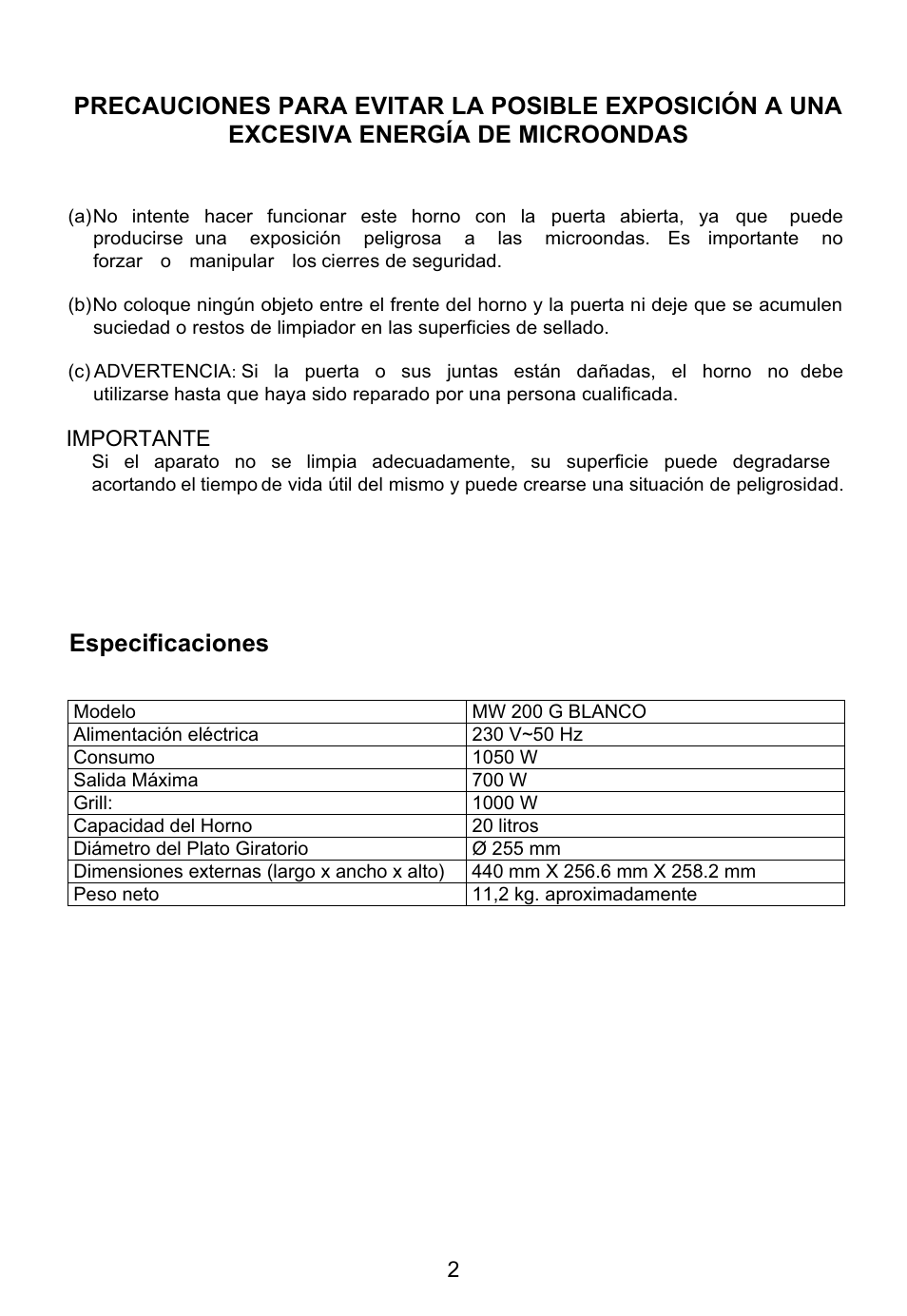 Especificaciones | Teka MW 200 G User Manual | Page 3 / 29