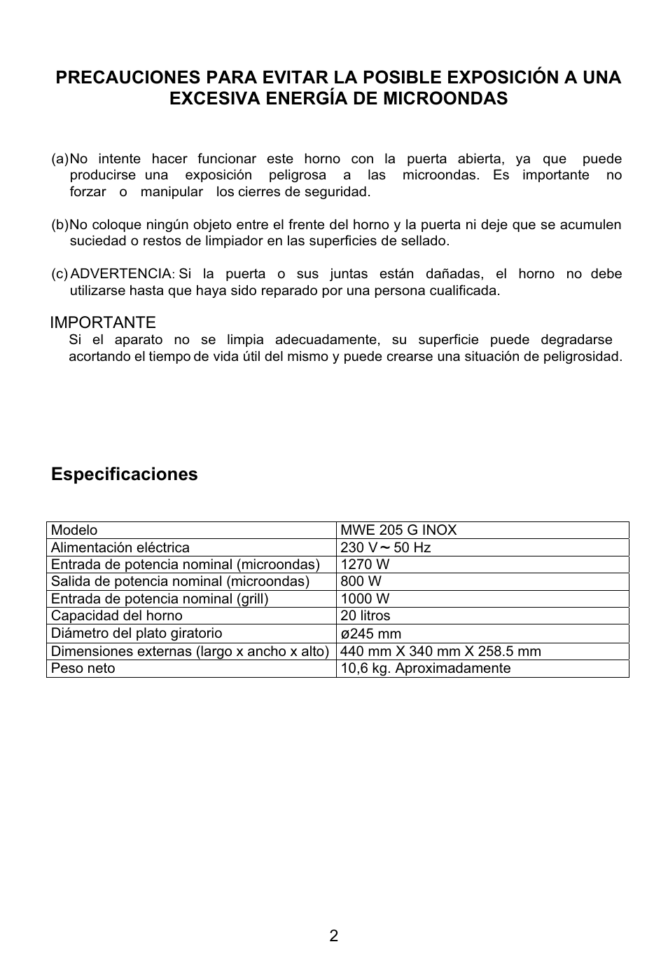 Especificaciones | Teka MWE 205 G User Manual | Page 3 / 44