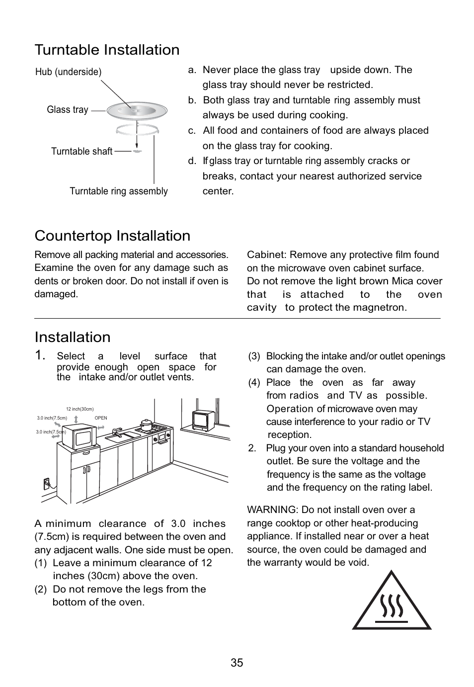 Turntable installation, Countertop installation, Installation | Teka MWE 205 G User Manual | Page 36 / 44