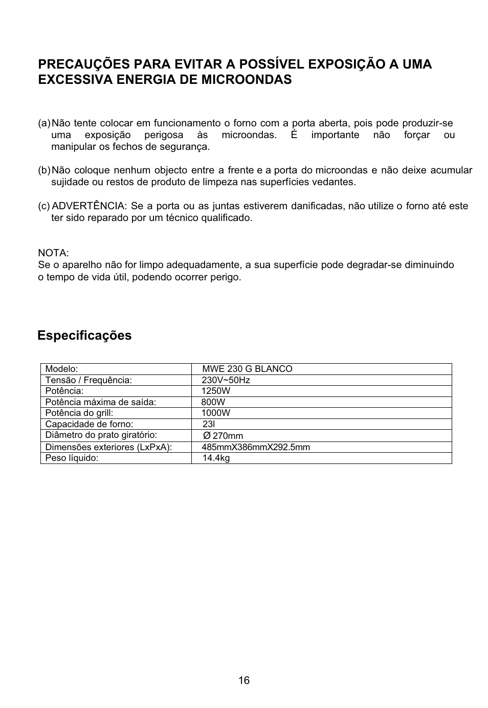 Especificações | Teka MWE 230 G User Manual | Page 17 / 45