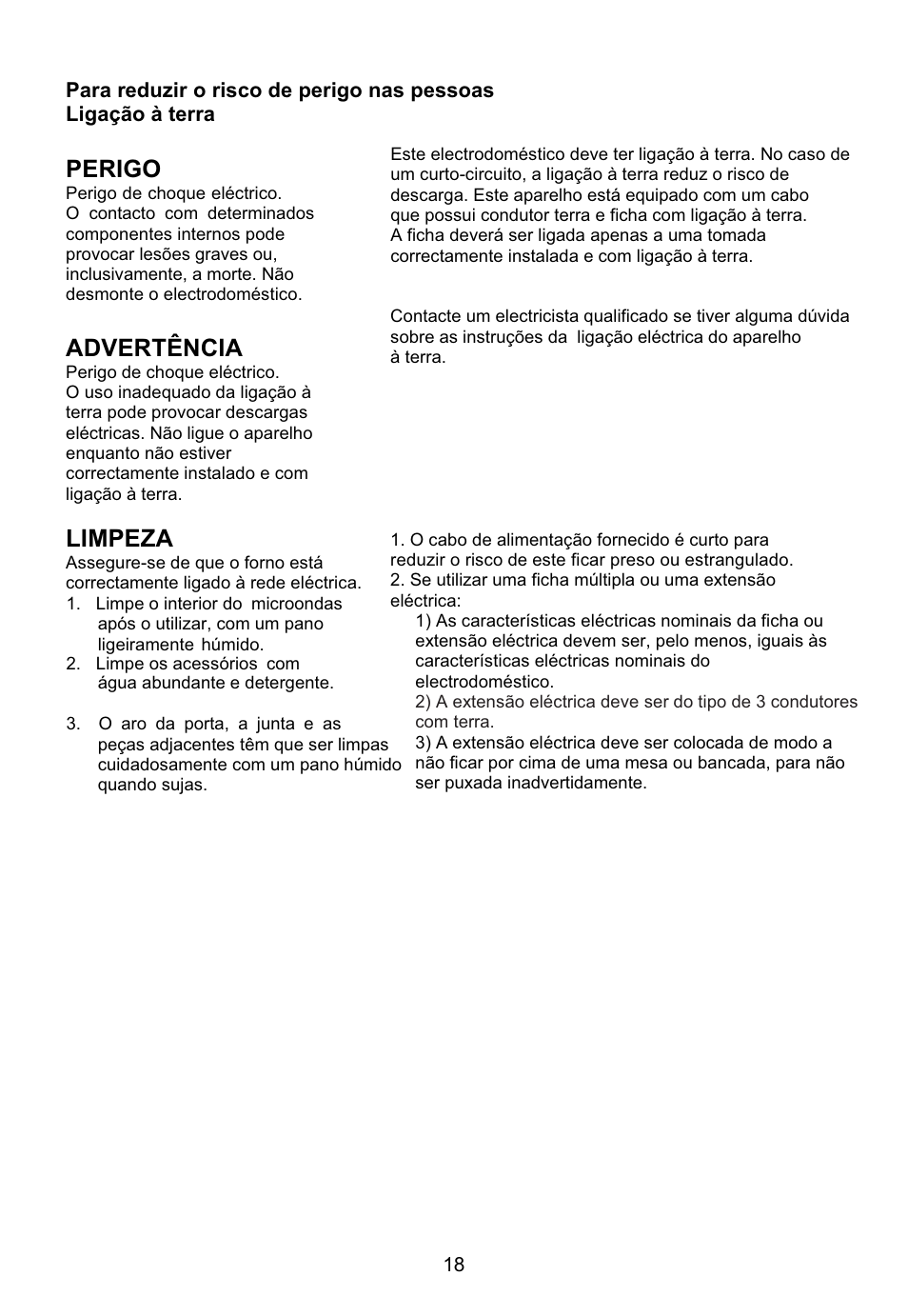 Perigo, Advertência, Limpeza | Teka MWE 230 G User Manual | Page 19 / 45