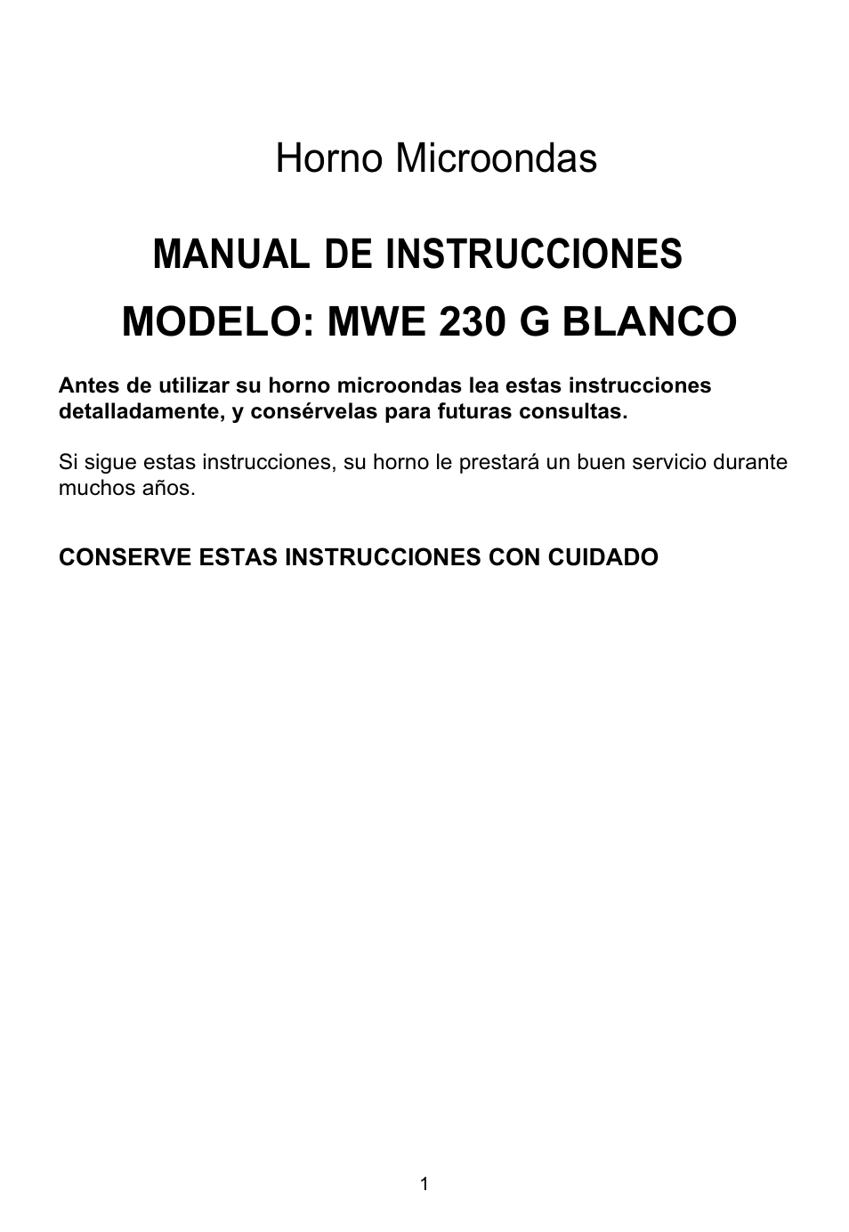 Horno microondas, Manual de instrucciones, Modelo: mwe 230 g blanco | Teka MWE 230 G User Manual | Page 2 / 45