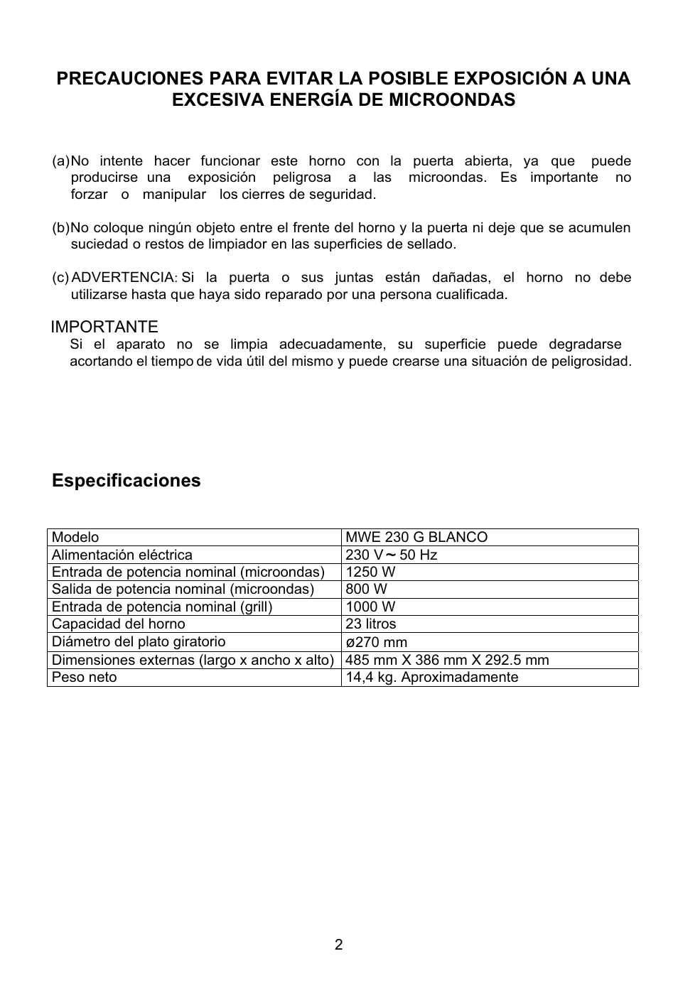 Especificaciones | Teka MWE 230 G User Manual | Page 3 / 45
