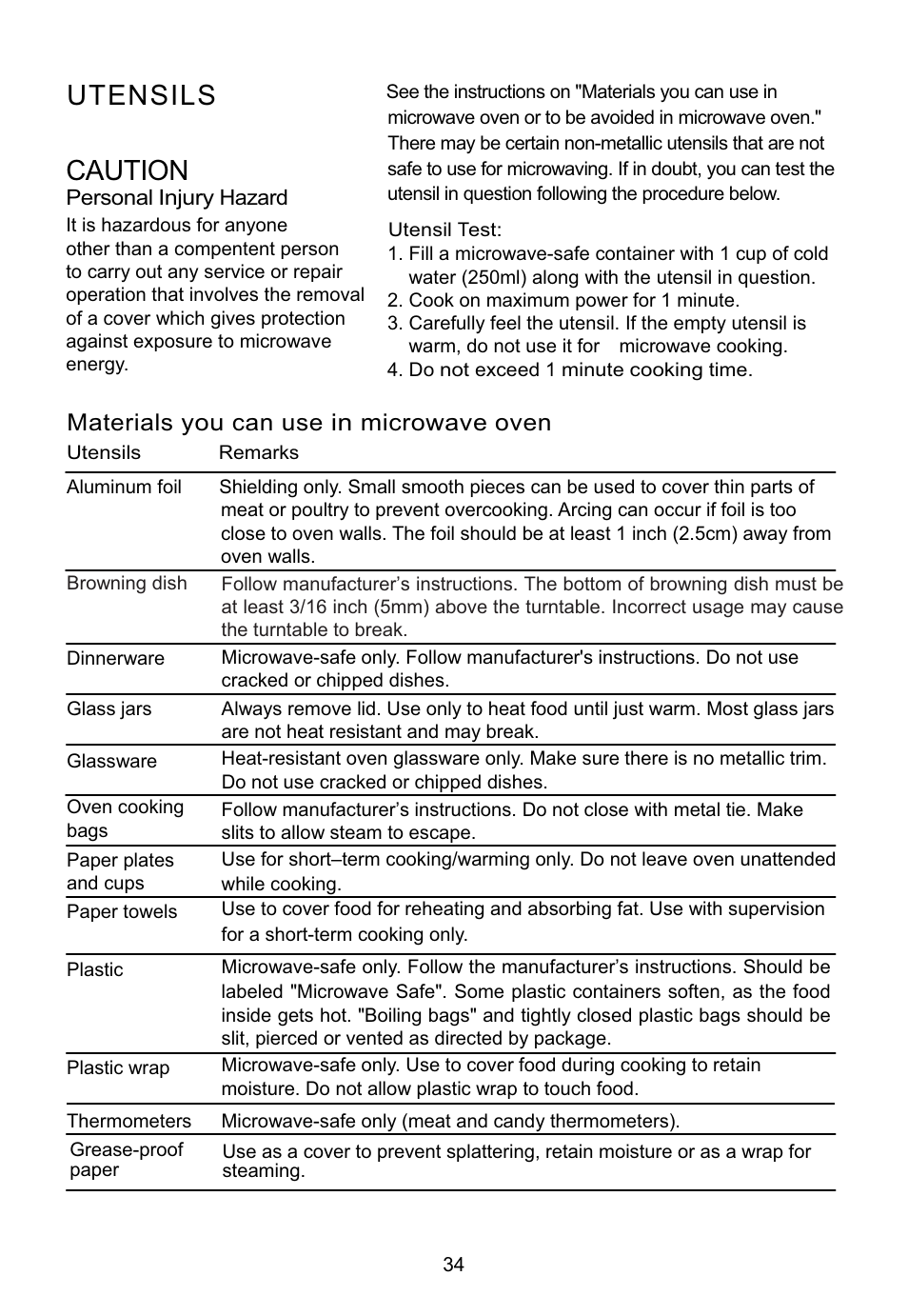 Utensils, Caution | Teka MWE 230 G User Manual | Page 35 / 45