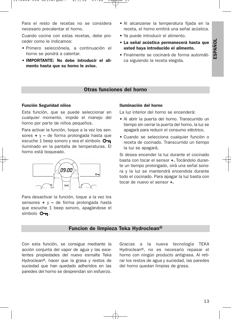 Otras funciones del horno, Funcion de limpieza teka hydroclean | Teka Hydroclean HKL 870 User Manual | Page 13 / 74