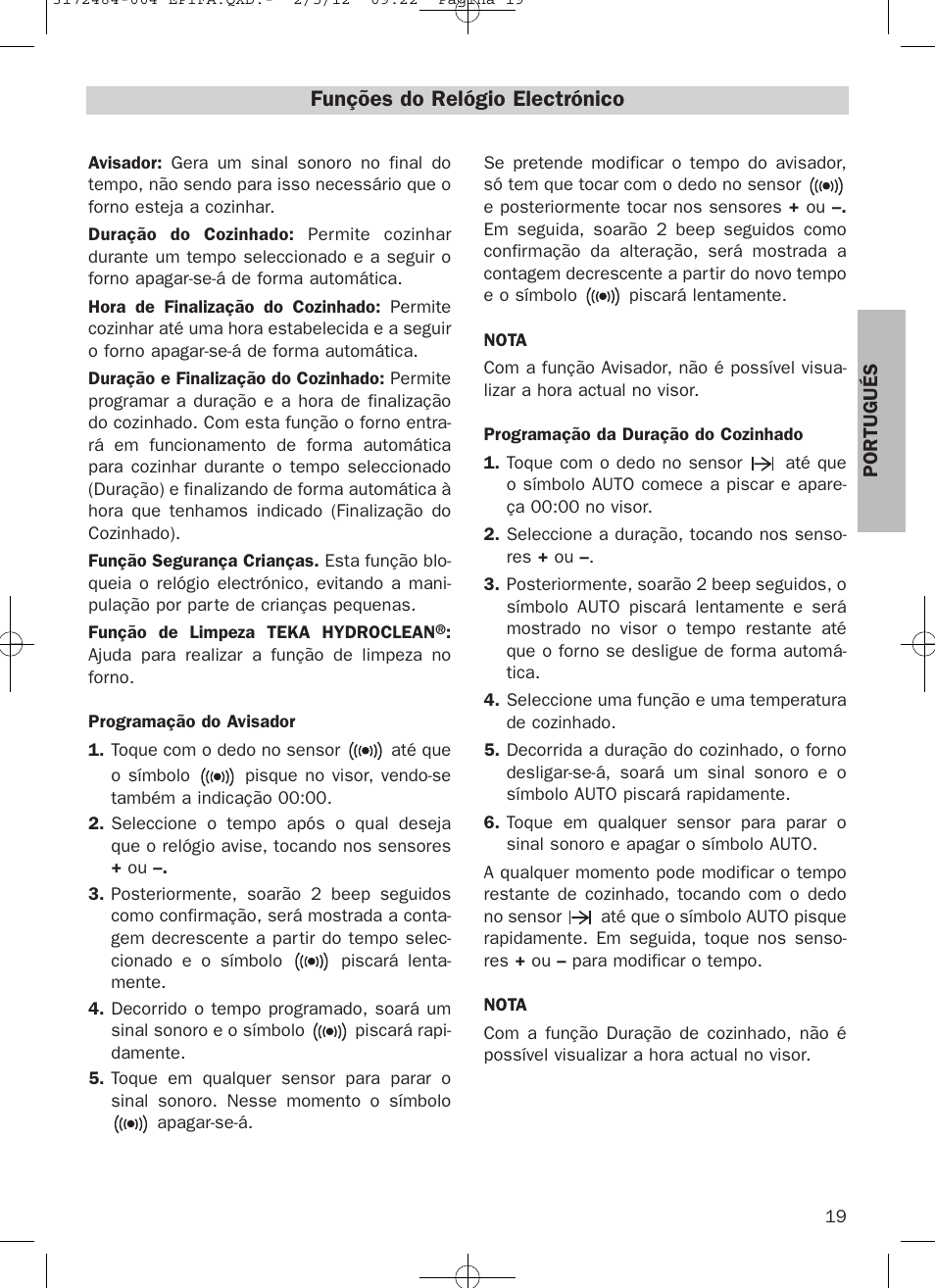 Funções do relógio electrónico | Teka Hydroclean HKL 870 User Manual | Page 19 / 74