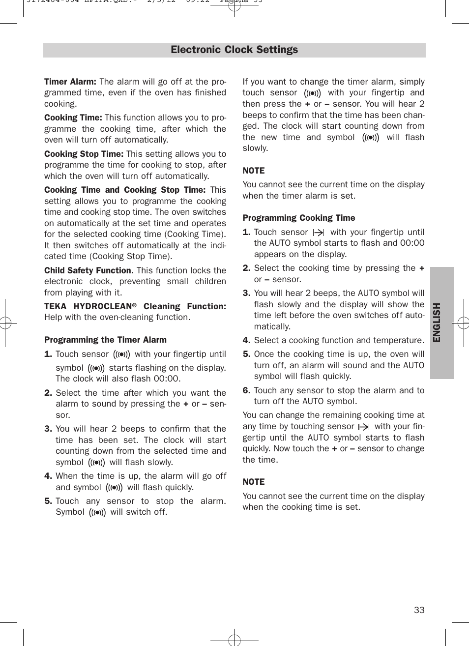 Electronic clock settings | Teka Hydroclean HKL 870 User Manual | Page 33 / 74