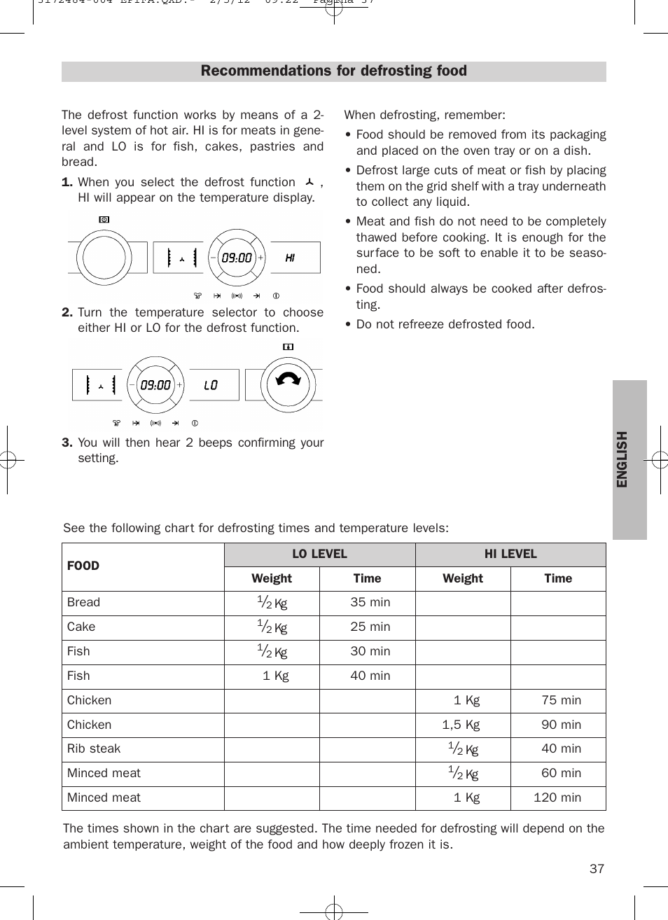 Recommendations for defrosting food | Teka Hydroclean HKL 870 User Manual | Page 37 / 74