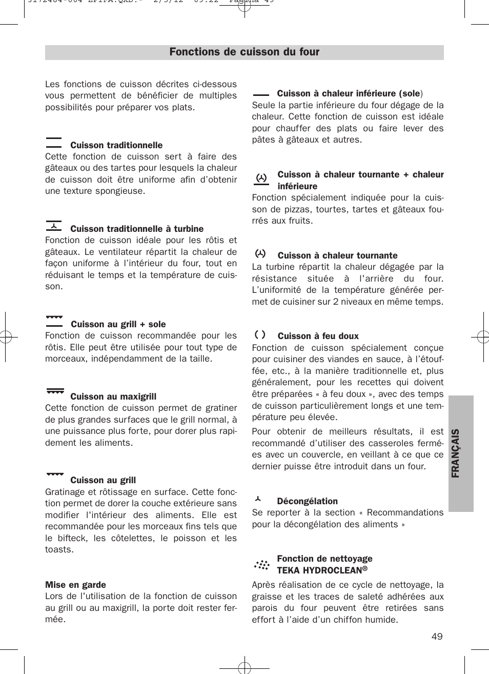 Fonctions de cuisson du four | Teka Hydroclean HKL 870 User Manual | Page 49 / 74