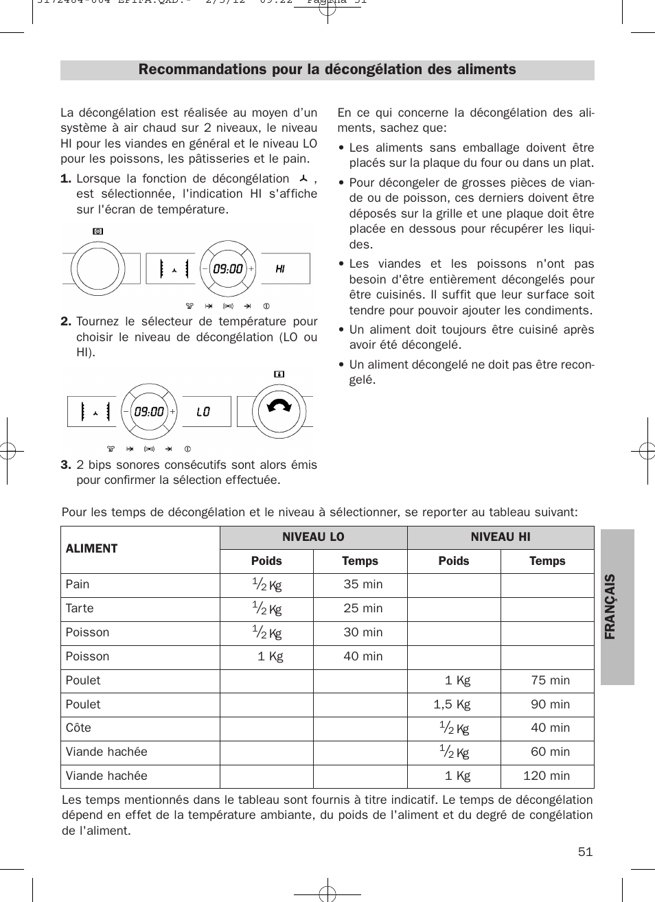 Recommandations pour la décongélation des aliments | Teka Hydroclean HKL 870 User Manual | Page 51 / 74