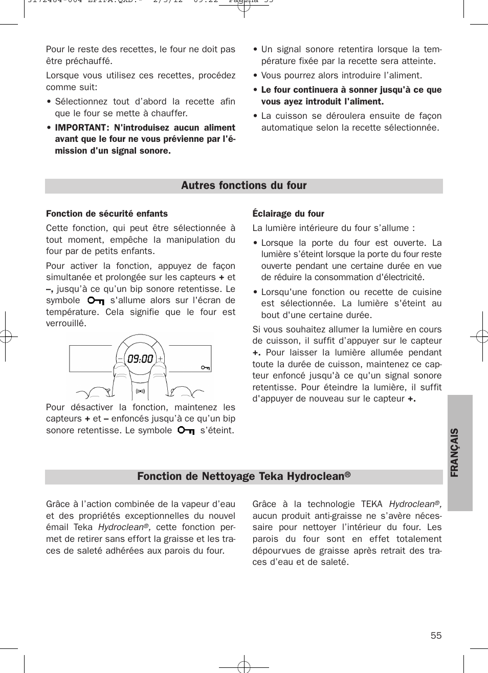 Autres fonctions du four, Fonction de nettoyage teka hydroclean | Teka Hydroclean HKL 870 User Manual | Page 55 / 74