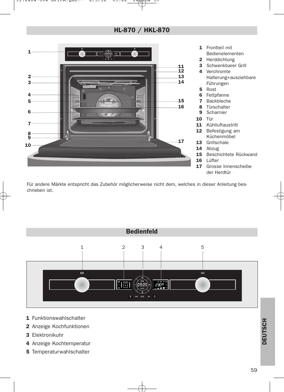 Bedienfeld, Deutsch | Teka Hydroclean HKL 870 User Manual | Page 59 / 74