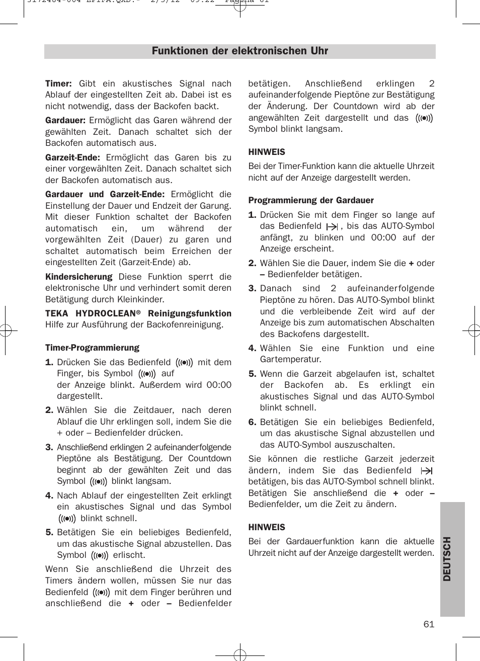 Funktionen der elektronischen uhr | Teka Hydroclean HKL 870 User Manual | Page 61 / 74