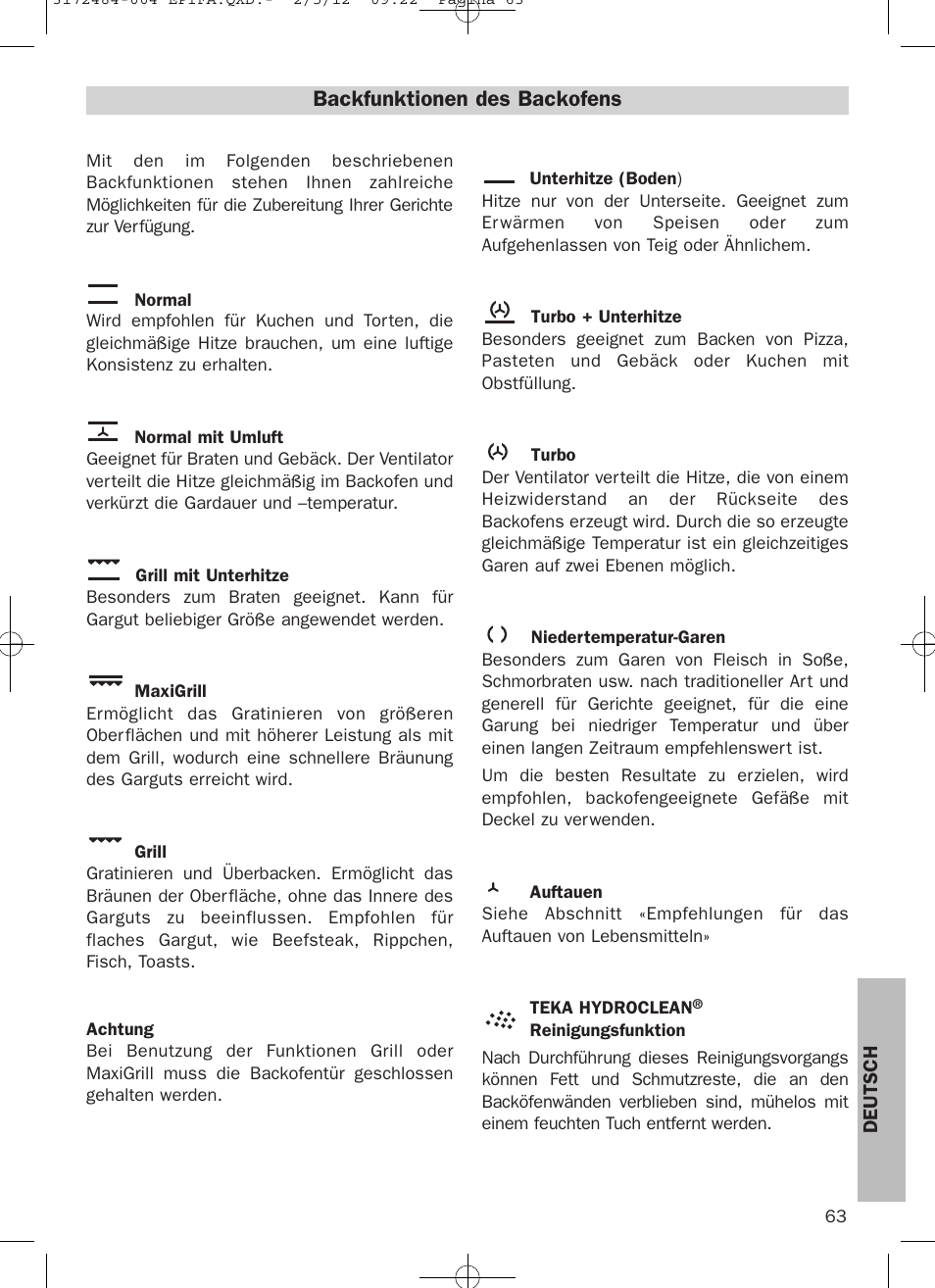 Backfunktionen des backofens | Teka Hydroclean HKL 870 User Manual | Page 63 / 74