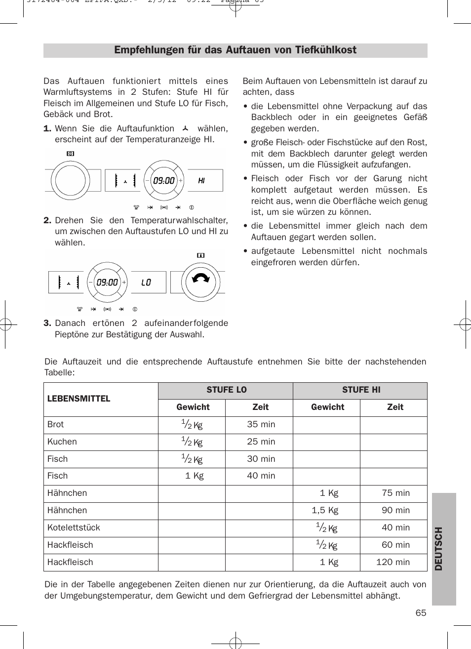 Empfehlungen für das auftauen von tiefkühlkost | Teka Hydroclean HKL 870 User Manual | Page 65 / 74