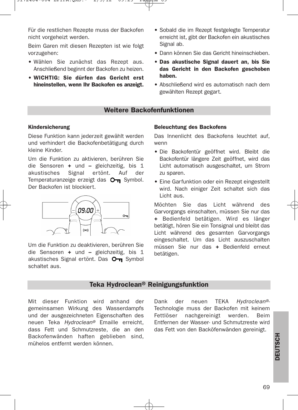 Weitere backofenfunktionen, Teka hydroclean, Reinigungsfunktion | Teka Hydroclean HKL 870 User Manual | Page 69 / 74