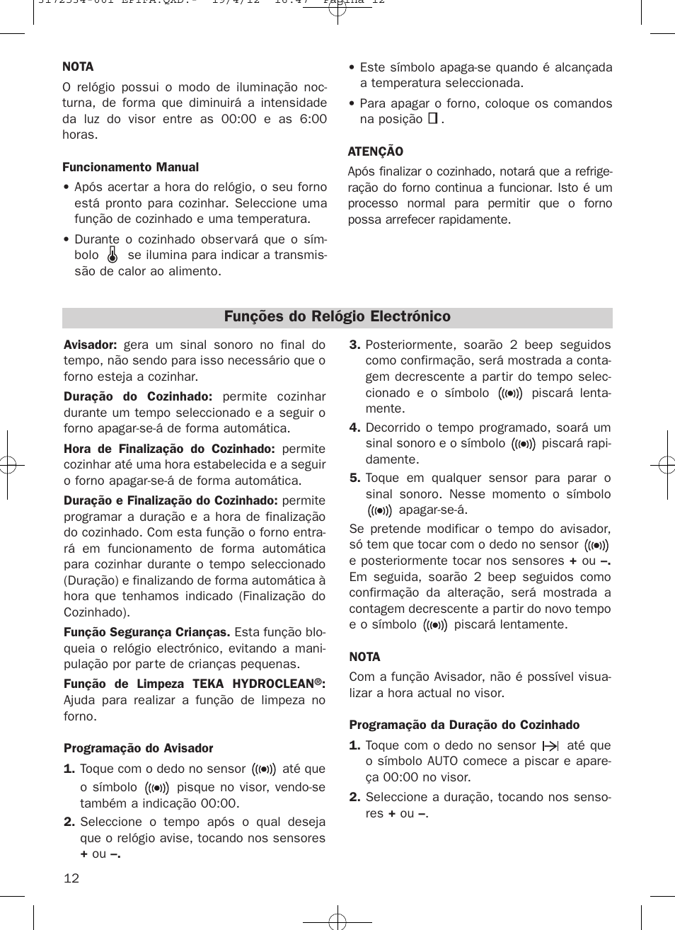 Funções do relógio electrónico | Teka Hydroclean HKL 840 User Manual | Page 12 / 40