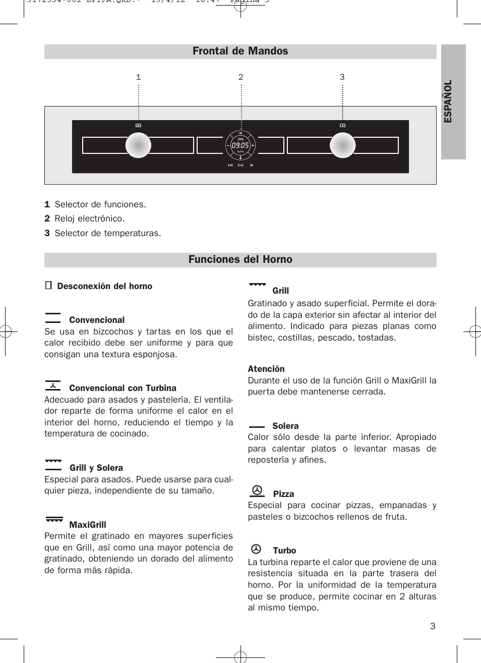 Frontal de mandos, Funciones del horno | Teka Hydroclean HKL 840 User Manual | Page 3 / 40