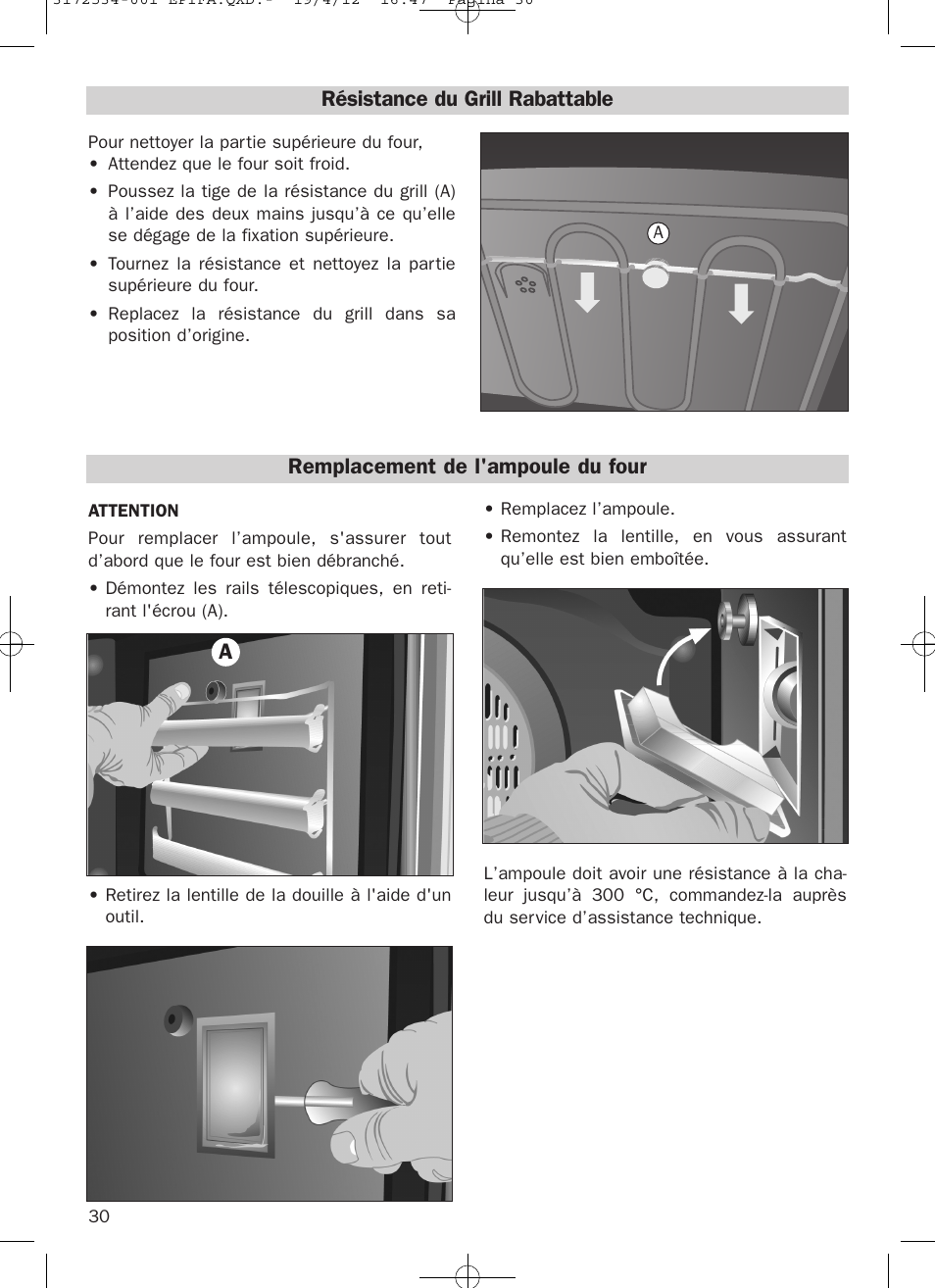 Résistance du grill rabattable, Remplacement de l'ampoule du four | Teka Hydroclean HKL 840 User Manual | Page 30 / 40