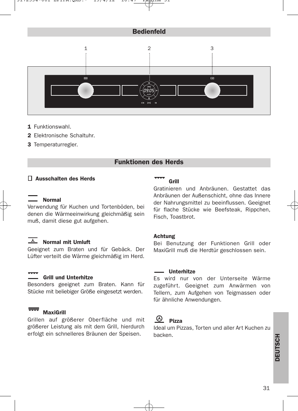 Bedienfeld, Funktionen des herds | Teka Hydroclean HKL 840 User Manual | Page 31 / 40