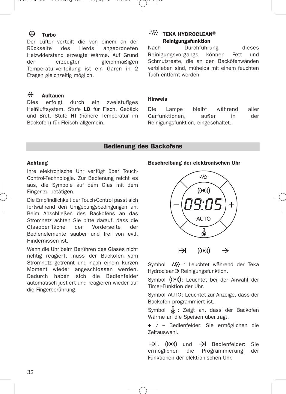 Bedienung des backofens | Teka Hydroclean HKL 840 User Manual | Page 32 / 40