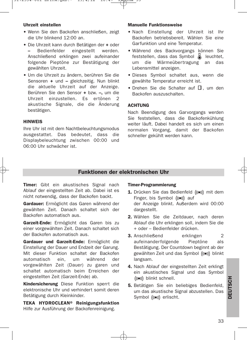 Funktionen der elektronischen uhr | Teka Hydroclean HKL 840 User Manual | Page 33 / 40
